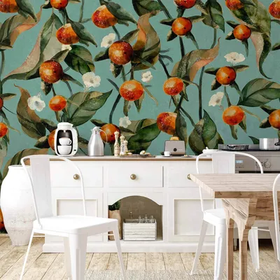 Produktbild von Vlies Fototapete - Orange grove - plant motif with fruit and leaves on a blue background 250x175 cm Blumen b-A-0700-a-a