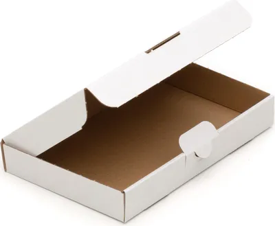 A white cardboard box with its lid open, showing the brown interior.