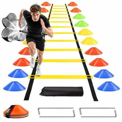 Produktbild von Fußballtraining Set 6 m Koordinationsleiter, 20 Markierungshütchen, Sprungschirm, für Kinder