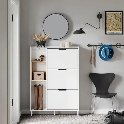Image de Armoire à chaussures - FSR209 - 3 portes - Profondeur de seulement 19 cm - Bois - 90x19x129,5 cm - Blanc