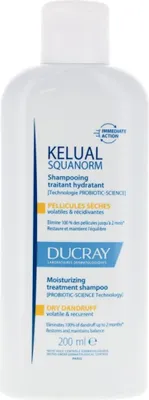 A white bottle of shampoo with blue and yellow text and accents.