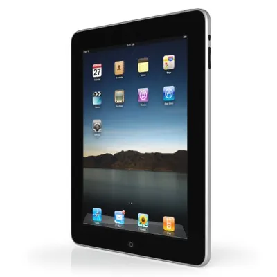 A black Apple iPad tablet is shown in a studio shot against a white background.