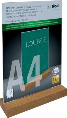 Produktbild von SIGEL TA256 Tischaufsteller, DIN A4 (210x297 mm), senkrecht, beidseitige Präsentation, glasklar, braun, Acryl, Massivholz Eiche