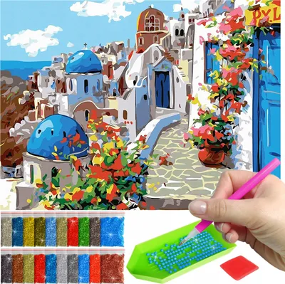 Produktbild von ARTULIO - Diamond Painting Set - Santorini Gasse mit blauen Kuppeln - 40 x 30 cm - Bilder DIY, Home Wand Deko, Komplettset Mosaik + Zubehör