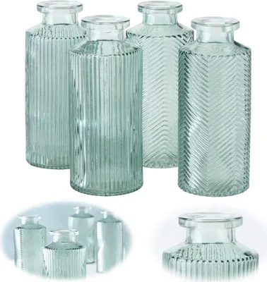 Produktbild von LS-LebenStil 4x Retro Glas-Vase 14cm Salbei-Grün Set Blumenvase Deko Tischvase Blumenvase Väschen Fläschchen Flaschenvasen Apothekerglas