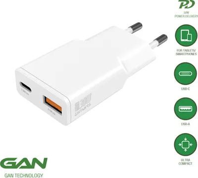 Produktbild von 4smarts Netzteil - GaN, schlank - 30 Watt - 3 A - SCP, QC 2.0, QC 3.0, Apple 2.4A, AFC, Power Delivery 3.0 + PPS, HiSilicon Fast Charging - 2 Ausgabeanschlussstellen (USB-C, USB)
