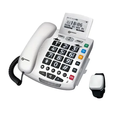 A white Geemarc emergency phone with a black wristband fallsensor is shown against a white background.