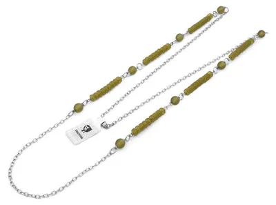 Produktbild von Vintageparts Gliederkette Retro platinfarben olivegrün Perlenelemente 106 cm