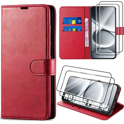 Image de Coque + 2 Verres Trempés pour Xiaomi Redmi Note 15 Pro 4G, Protection Anti-Rayures Synthécuir Rouge