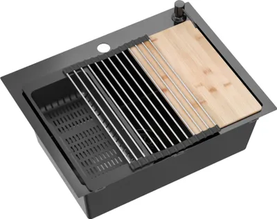 Produktbild von VBChome Edelstahlspüle 58 x 45 cm Schwarz Zubehörset Spender Schneidbrett Rollmatte Faltbarer Abtropfständer Einbauspüle mit Zwei Löcher Siphon