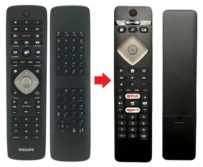 A collage of three remote controls, showing a Philips remote, a remote with a keyboard, and a replacement remote. A red arrow indicates the transition from the Philips remote to the replacement remote.