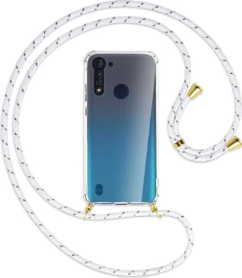 Produktbild von Handykette Backcover-Schutzhülle mit Band (Metall goldfarben) für Motorola Moto G8 Power Lite - weiß/grau