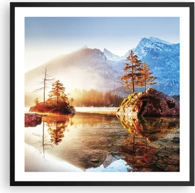 Produktbild von Gerahmtes Poster - Schwarzer Rahmen - Morgendämmerung Berge See - 60x60 cm - Wand Bild - Wanddeko - Wandbilder - Kunstposter - Wandposter - Bilderrahmen - Bilder - Kunstdruck - P2BAC60x60-4617