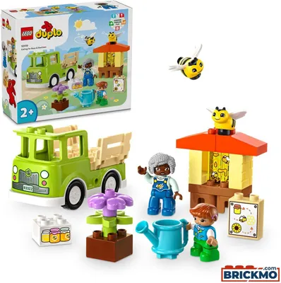 A LEGO Duplo set featuring a farm truck, beehives, figures, and accessories, displayed with its packaging.