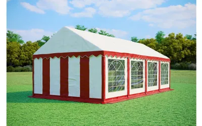 Obrázek produktu pro Párty stan 4x8 m PREMIUM – PVC 500 g/m², protipožární úprava, spodní rám + střešní výztuhy, 155 kg - Červeno-bílá