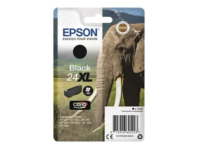 Produktbild von Epson Elephant 24XL Elefant Claria Photo HD Single Black Tinte, High (L) Yield, Schwarz, Tinte auf Pigmentbasis, 10 ml, 1 Stück(e), 500 Seiten