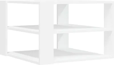 A white cube-shaped shelf unit with two internal shelves, shown against a white background.