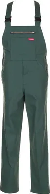 A pair of green overalls is shown against a white background.