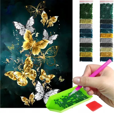 Produktbild von ARTULIO - Diamond Painting Set - Gold-silberne Schmetterlinge auf dunklem Hintergrund - 60 x 40 cm - Groß XXL - 5D Crystal Art, Bilder DIY