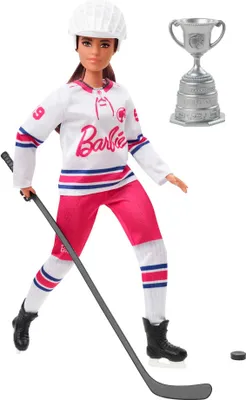 Produktbild von Barbie Wintersport Eishockeyspielerin-Puppe brünett, kurvige Form (30 cm) mit Hemd, Helm, Hockeyschläger, Puck & Trophäe, für Kinder ab 3 Jahren