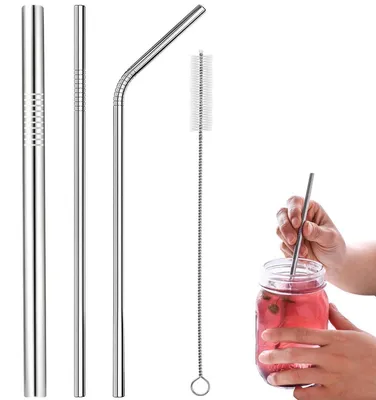 Produktbild von Edelstahl Trinkhalme Set 3 Stück mit Reinigungsbürste, Wiederverwendbar, Umweltfreundlich, 304 Edelstahl