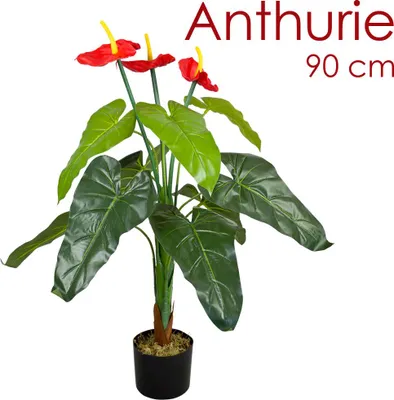Produktbild von Anthurie Flamingoblume Kunstpflanze Künstliche Pflanze 90 cm Kunstblume Innendekoration Kunst Pflanze wie echt im Topf Decovego