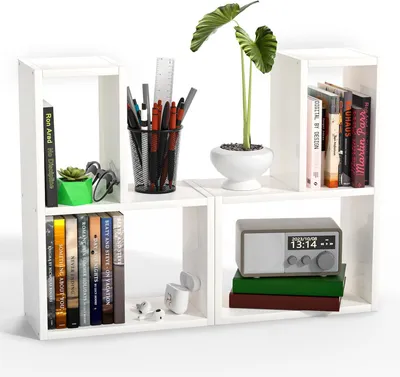 Image de Étagère de bureau, 2 pièces, blanche, en bois et en métal, organisateur de bureau