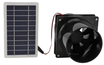 Obrázek produktu pro 10 W, 12 V, solárně napájený odtahový ventilátor pro kruhové potrubí – ventilační sada pro panelové domky pro domácí mazlíčky, kurníky, karavany a skleníky