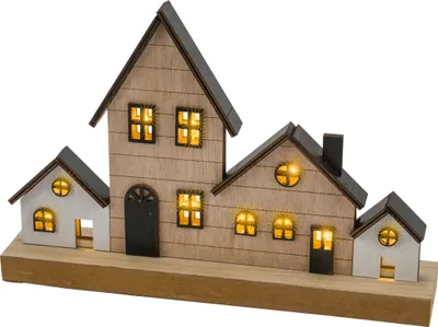 Produktbild von 3.00 Beleuchteter Deko Aufsteller mit 4 Häusern - ca. 30 x 20 cm - Weihnachts Dorf / Stadt aus Holz