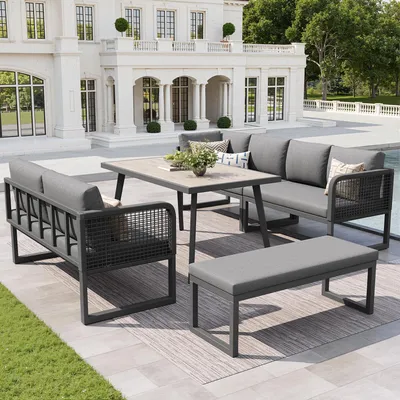 Produktbild von Flieks Rattan Gartenloungeset 5-tlg., Gartenmöbelset für 6-8 Personen, Balkonmöbelset mit Gartentisch, Garten Loungesessel mit Kissen, Grau