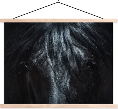 Produktbild von MuchoWow® Textilposter Pferd - Schwarz - Porträt 40x30 cm mit holzfarbenen Rahmen - Bilder