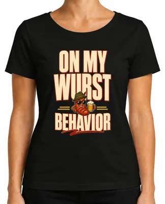 Immagine prodotto di Maglietta da donna in stile tradizionale bavarese per l'Oktoberfest, con scritta "On My Wurst Behavior", in pelle, colore nero, taglia 3XL