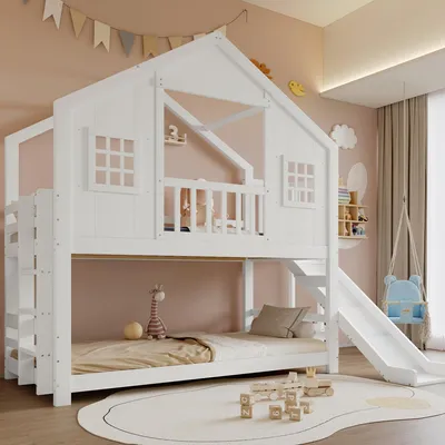 Produktbild von MODFU Etagenbett 90x200 Stockbett mit Rutsche Fenster- und Dachdesign,Kinderbett vierseitiger Rausfallschutz stabiler Lattenrost,Mit zwei Matratze,Weiß