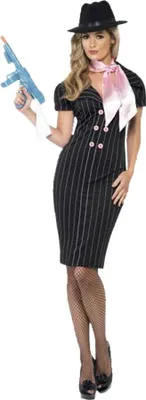 Produktbild von Gangster Moll Costume, mit Nadelstreifen Bleistift-Kleid und Schal, Größe:L