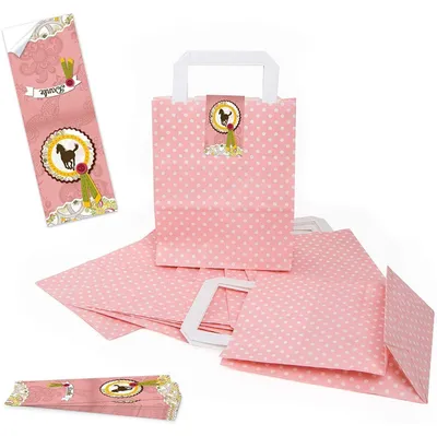 Produktbild von Logbuch-Verlag 5 Papiertüten rosa weiß gepunktet mit Henkel + lange Aufkleber m. bunten Geschenken Herzen - Geschenkverpackung Mitgebseltüte Kindergeburtstag MädchenPferde / 10 Stück