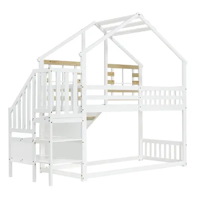 Produktbild von Flieks Etagenbett 90x200cm mit Rausfallschutz, Kinderbett Hausbett mit Rutsche, Hochbett mit Treppe und Lattenrost, Einzelbett Stockbett, Weiß