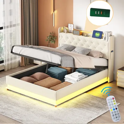 A modern bedroom setting with a bed frame open to reveal storage.