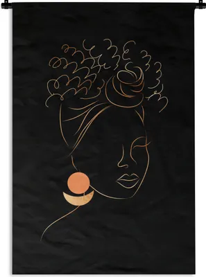 Produktbild von MuchoWow® Wandteppich Wandbehang Frau - Schwarz und Gold - Strichzeichnung 90x135 cm Tapisserie Dekoration Wandtuch - Baumwolle - Wandskulptur