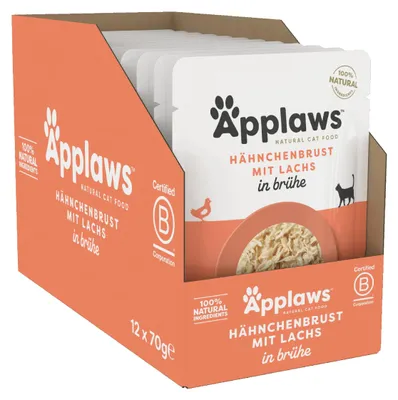 Productafbeelding van Applaws Natuurlijk natvoer voor katten, in zakjes, met kip en zalm in bouillon