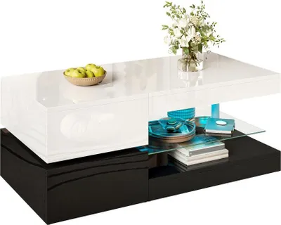 Image de AIORBER Table basse moderne avec LED,par app, haute brillance, étagère en verre, design noir et blanc, 90x45x35,5 cm, blanc-noir
