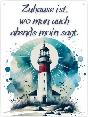Produktbild von Leuchtturm Metallschild XXL in 28x38 cm mit Spruch Zuhause ist, wo man auch