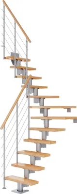 Produktbild von Dolle Mittelholmtreppe Dublin 1/4 gewendelt aus Buche lackiert 71 cm breit für GH 278–337 cm UK Metall Perlgrau mitlaufende Edelstahlstäbe