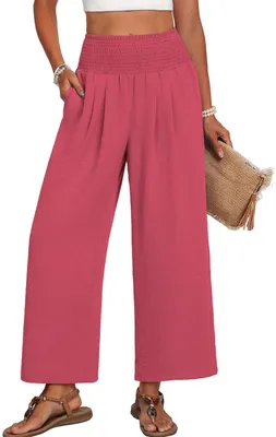 Image de Pantalon en lin pour femme ASKSA, pantalon d'été, pantalon de plage léger, pantalon ample, pantalon en tissu ample, pantalon palazzo en mousseline à jambes larges avec poches (rose, XXL)
