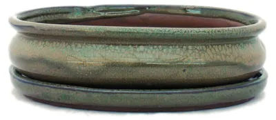 Produktbild von Bonsai-Schale mit Unterteller Gr. 3 - Oliv-Braun - oval - Modell O47 - L 19cm - B 13,5cm - H 5cm