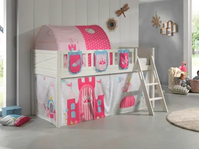 Produktbild von VIPACK - Spielbett SCOTT, LF 90 x 200 cm, mit Rolllattenrost, Leiter und Textilset Vorhang, Tunnel und 3 Taschen "Princess"
