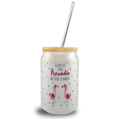 Produktbild von Flamingo Trinkglas mit Bambusdeckel mit Spruch Glück ist eine Freundin wie dich