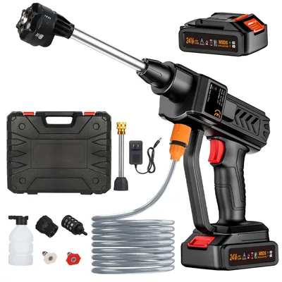 A cordless pressure washer kit with accessories, laid out on a white background.