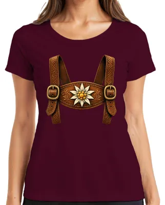 Produktbild von Lederhose Tracht Edelweiß  Bayern Kostüm Dirndl Alpen Damen T-Shirt, Burgundy, 3XL