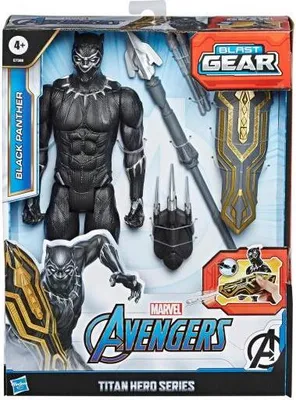 The image shows the packaging of a Black Panther Titan Hero Series action figure with Blast Gear accessories.