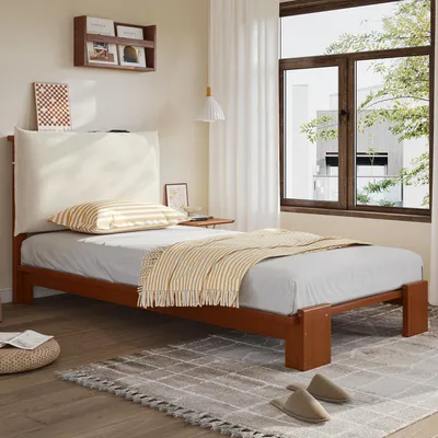 Obrázok produktu pre Postel Merax 90x200 cm s roštom, jednolôžková posteľ pre deti s čalúnenou opierkou, posteľ pre mládež so stabilnými nohami, drevená posteľ potiahnutá látkou, hnedá